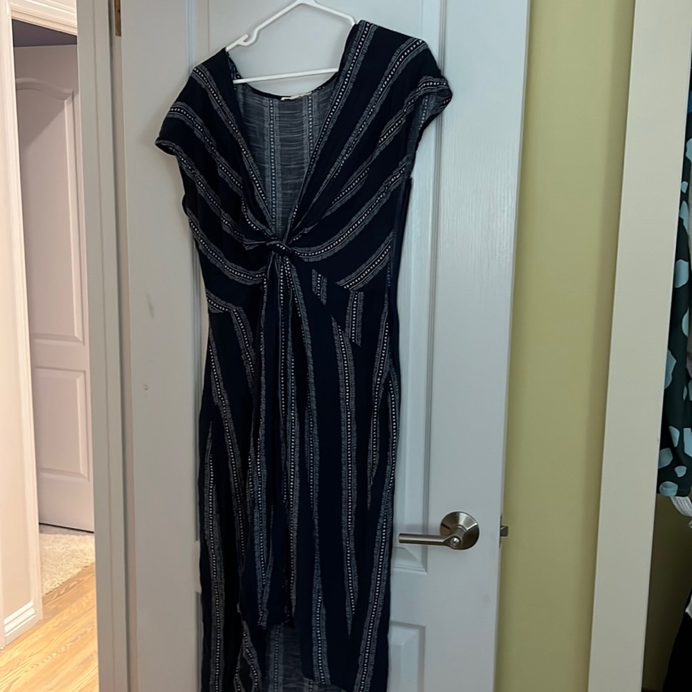 Deep Plunge Dress Blue with White Design Large